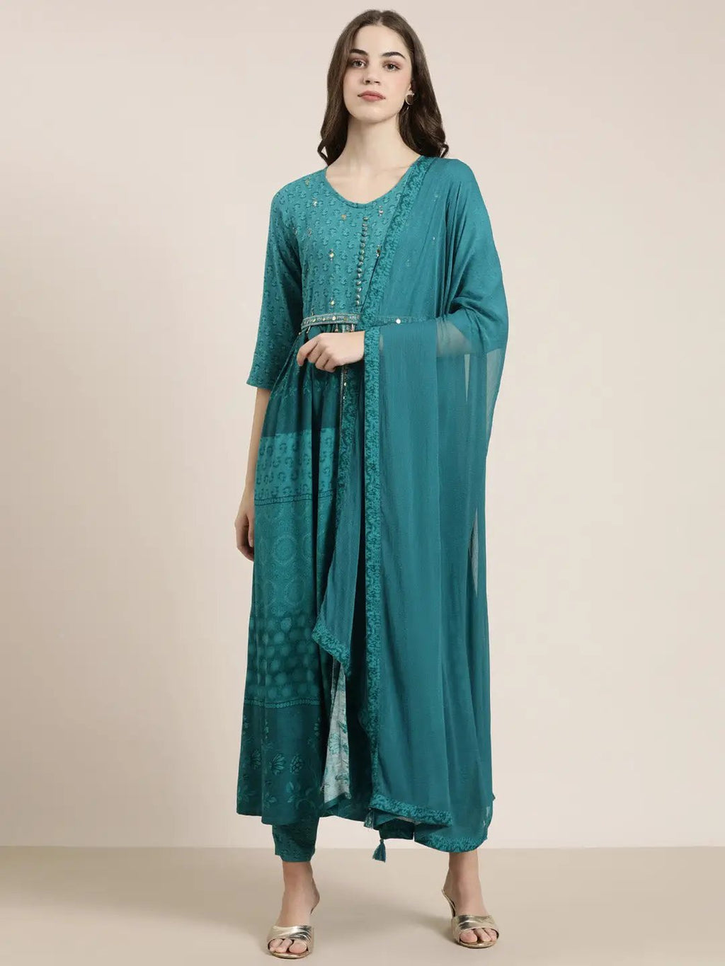 Women's Teal Floral Printed High Slit Mirror Work Anarkali Kurta Set With Dupatta