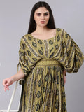 Women's Olive Ethnic Motifs Print Kimono Sleeve Fit & Flare Dress