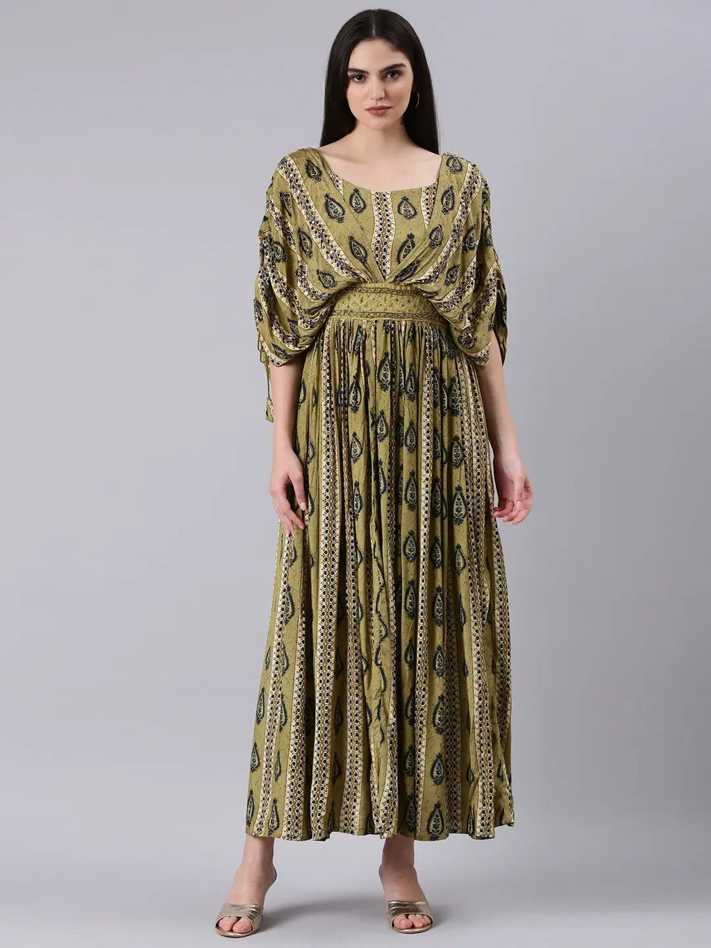 Women's Olive Ethnic Motifs Print Kimono Sleeve Fit & Flare Dress