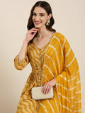 Women's Mustard Bandhani Printed Mirror Work A-Line Kurta Set With Dupatta