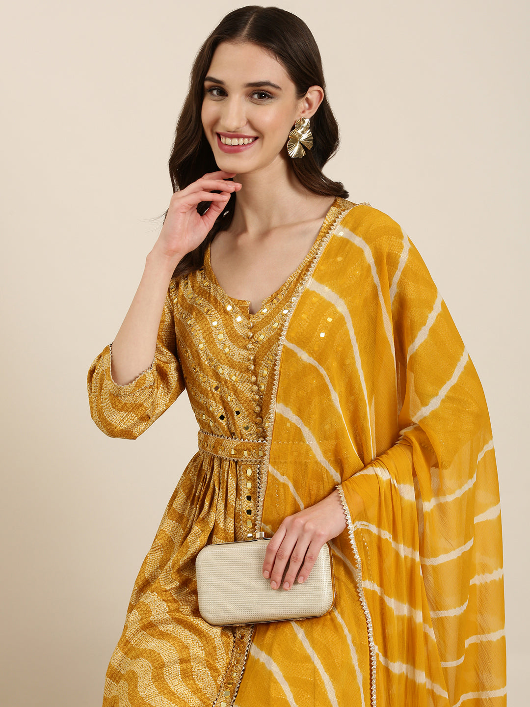 Women's Mustard Bandhani Printed Mirror Work A-Line Kurta Set With Dupatta