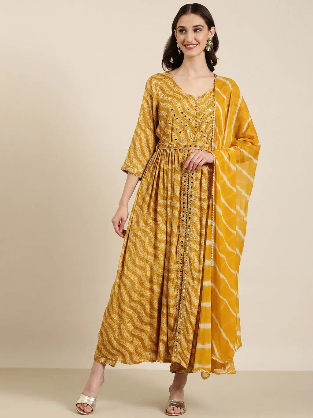 Women's Mustard Bandhani Printed Mirror Work A-Line Kurta Set With Dupatta