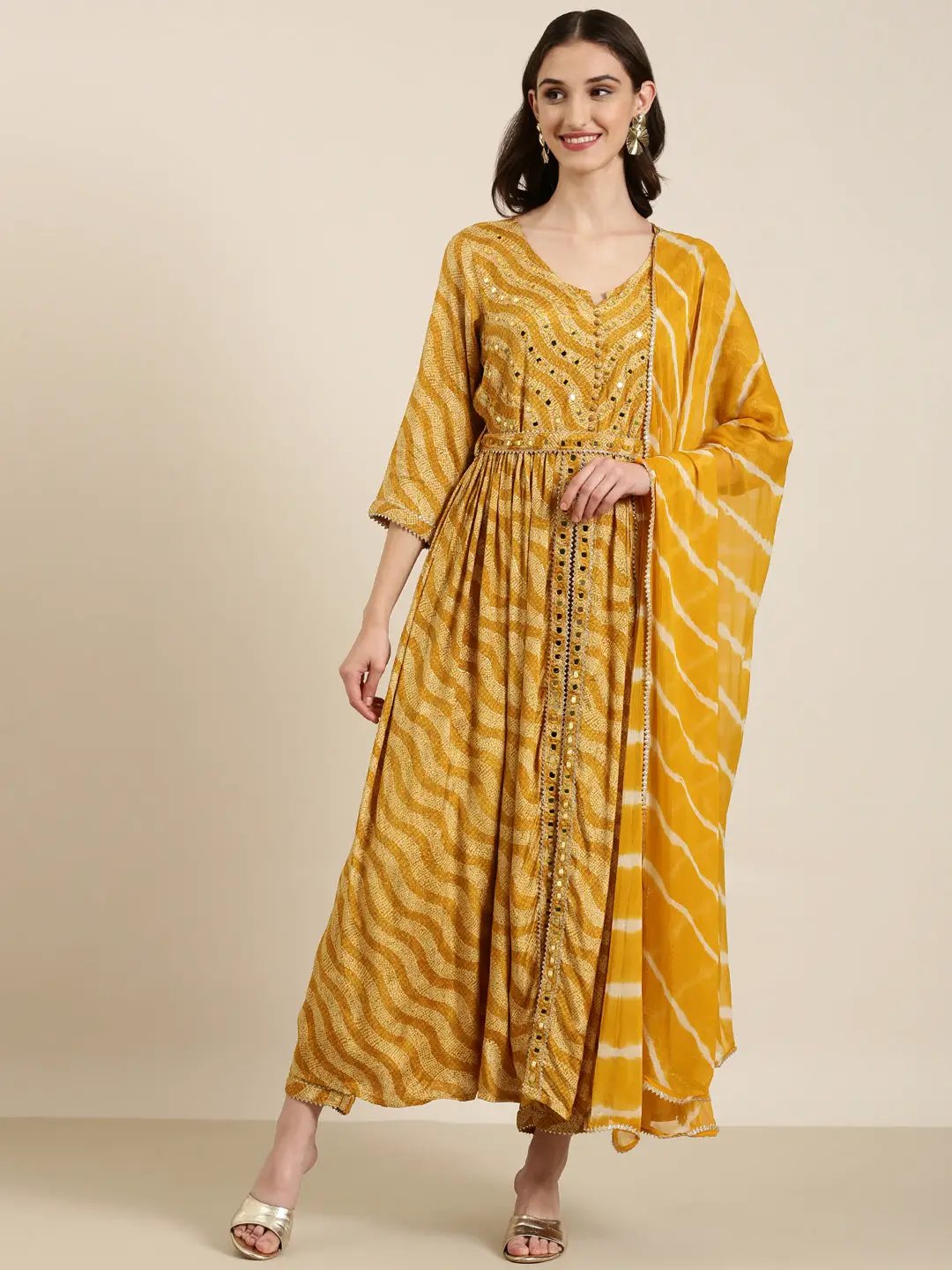 Women's Mustard Bandhani Printed Mirror Work A-Line Kurta Set With Dupatta