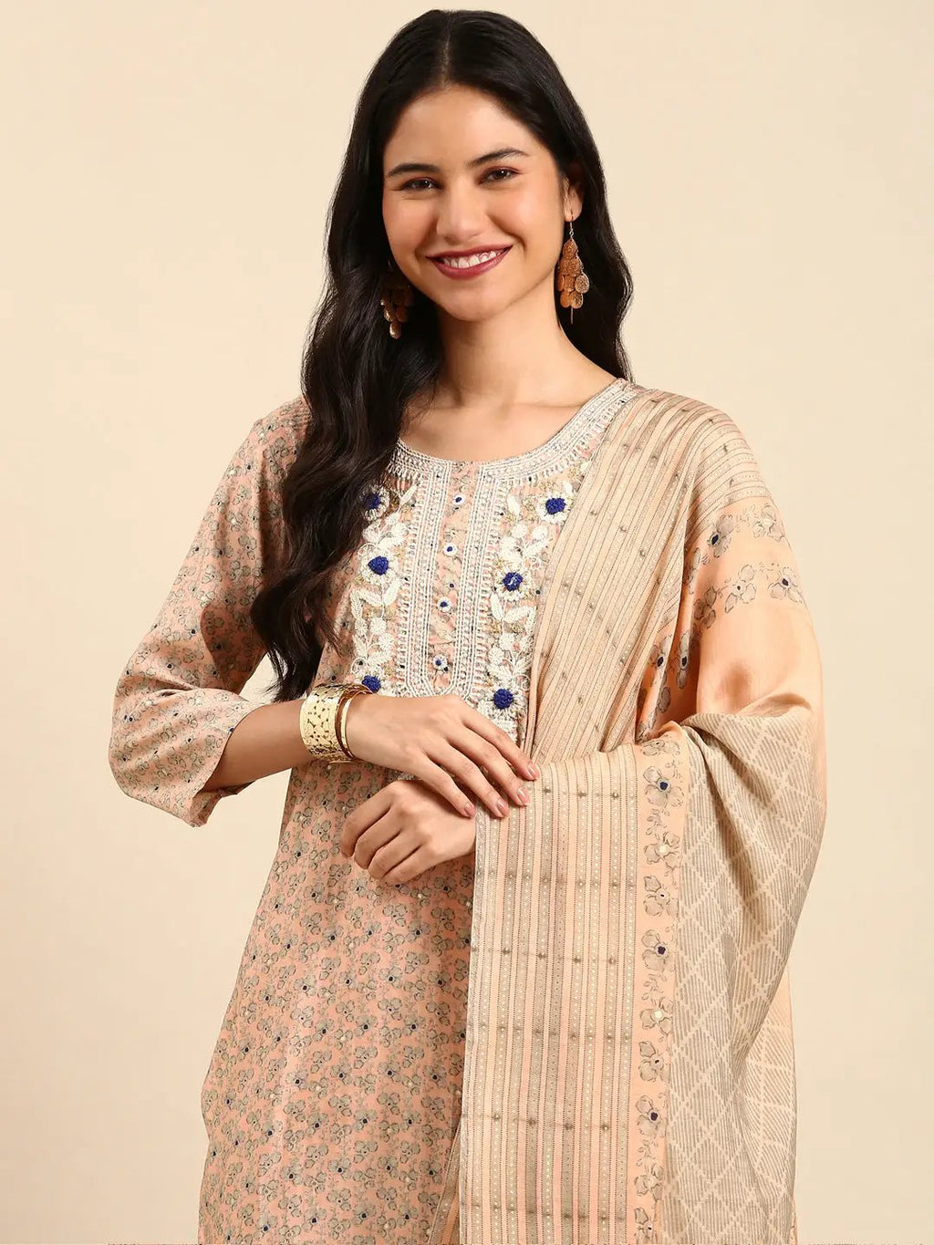 Women's Peach Floral Straight Kurta Set with Dupatta