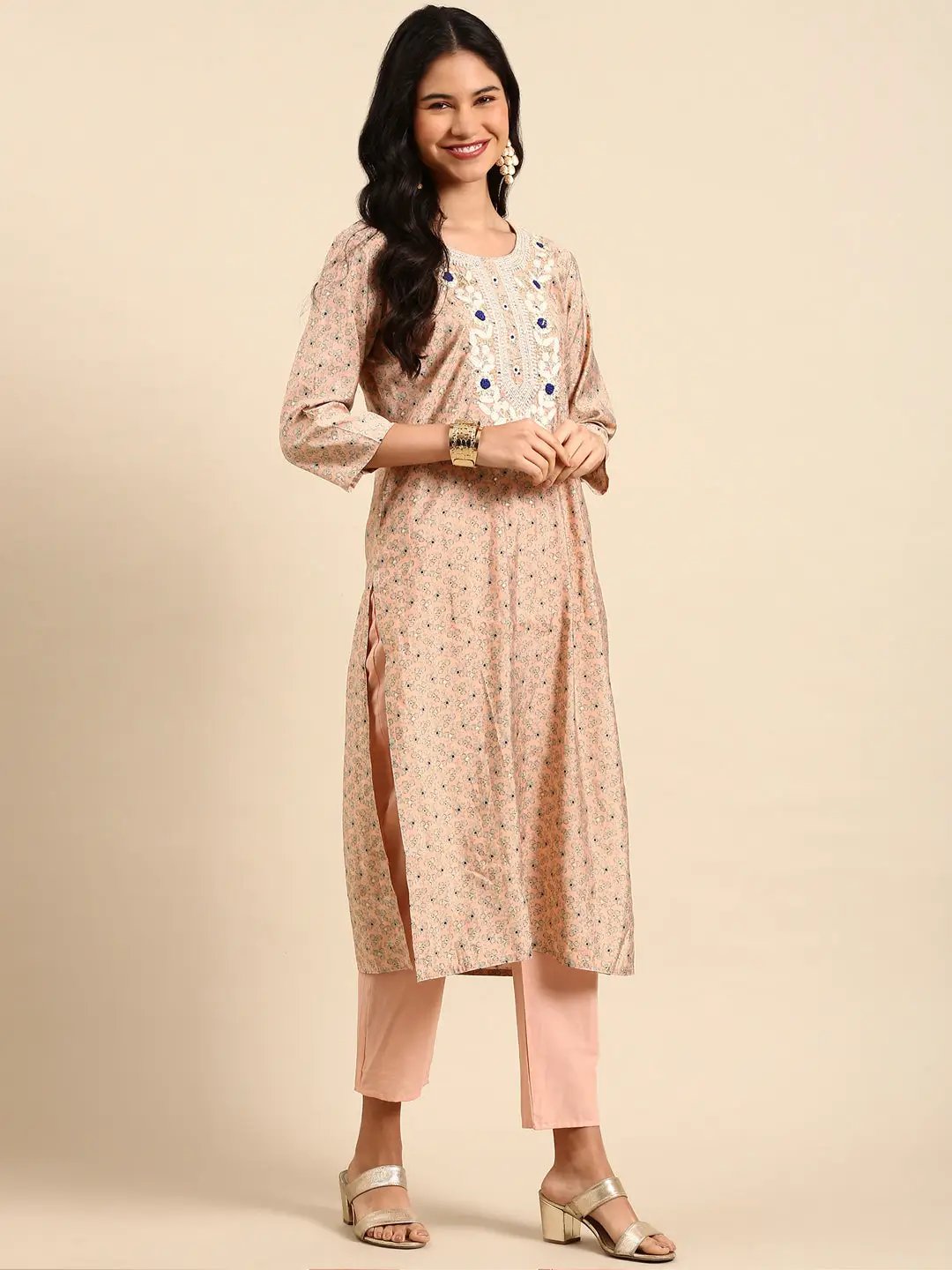 Women's Peach Floral Straight Kurta Set with Dupatta