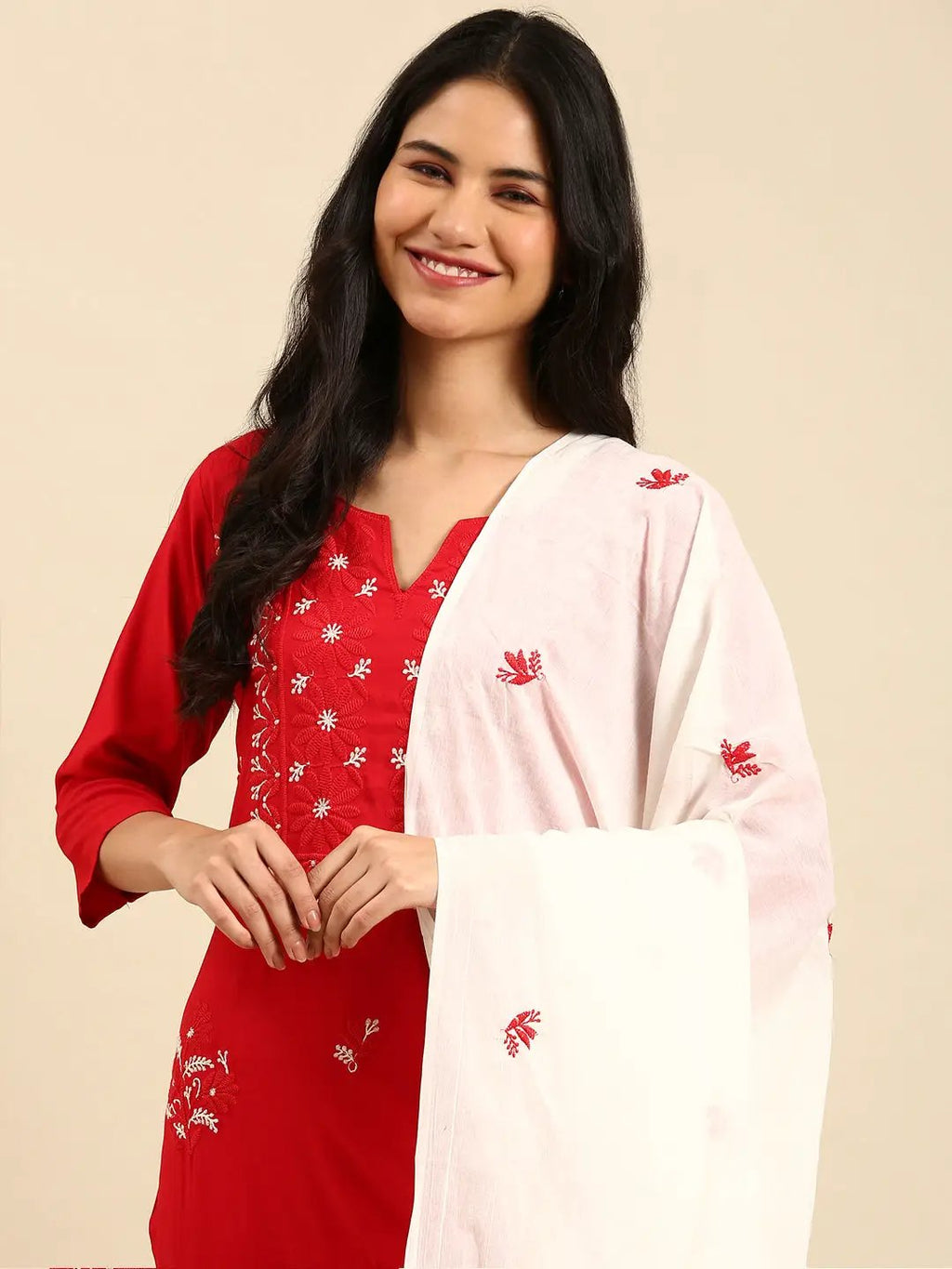 Women's Solid Red Straight Kurta Set with Dupatta