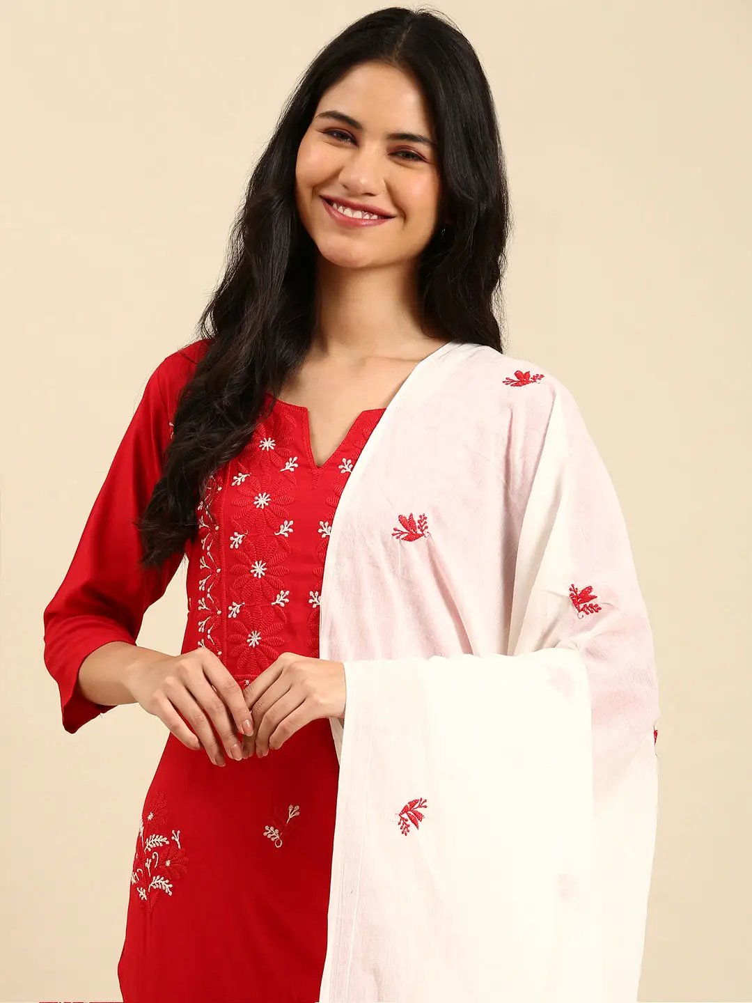 Women's Solid Red Straight Kurta Set with Dupatta