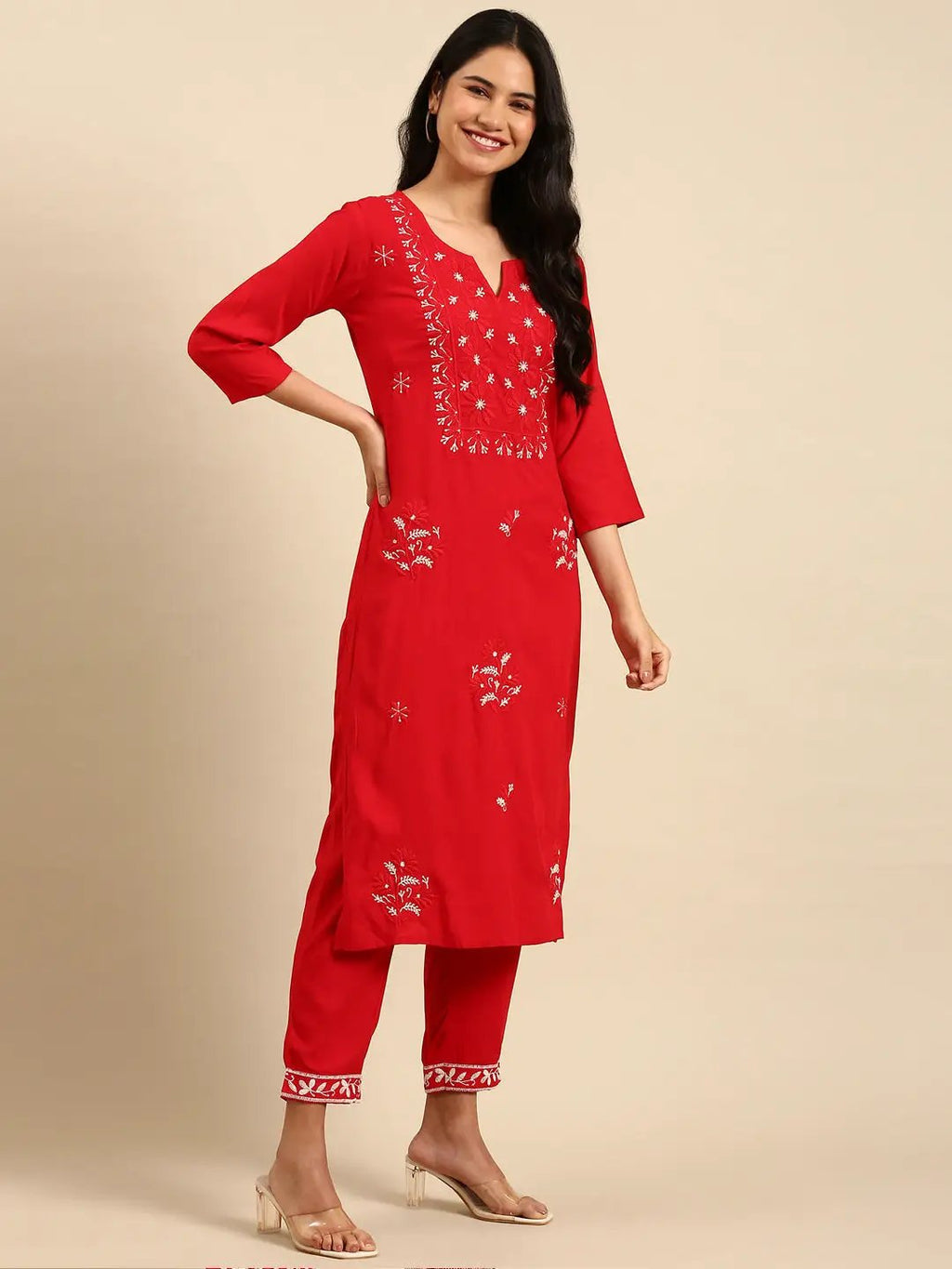 Women's Solid Red Straight Kurta Set with Dupatta
