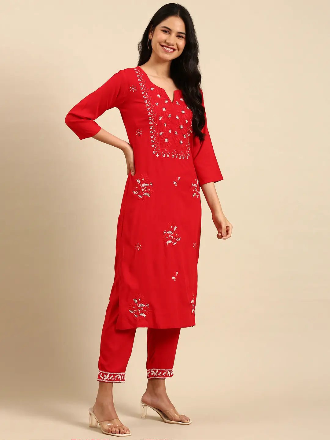 Women's Solid Red Straight Kurta Set with Dupatta