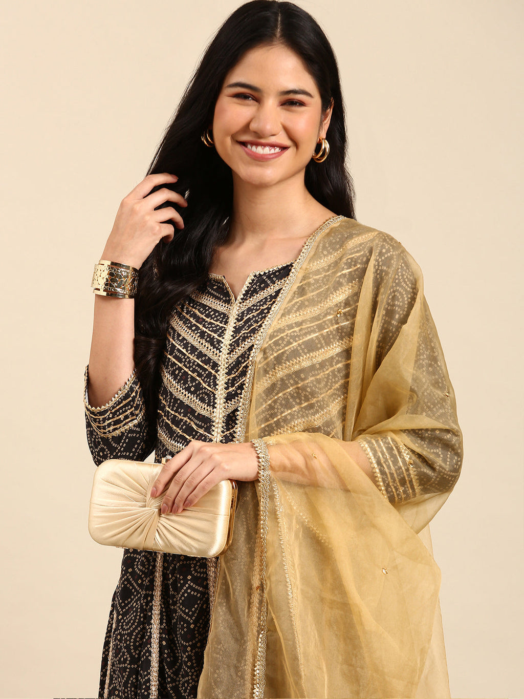 Women's Bandhani Black Anarkali Kurta Set with Dupatta