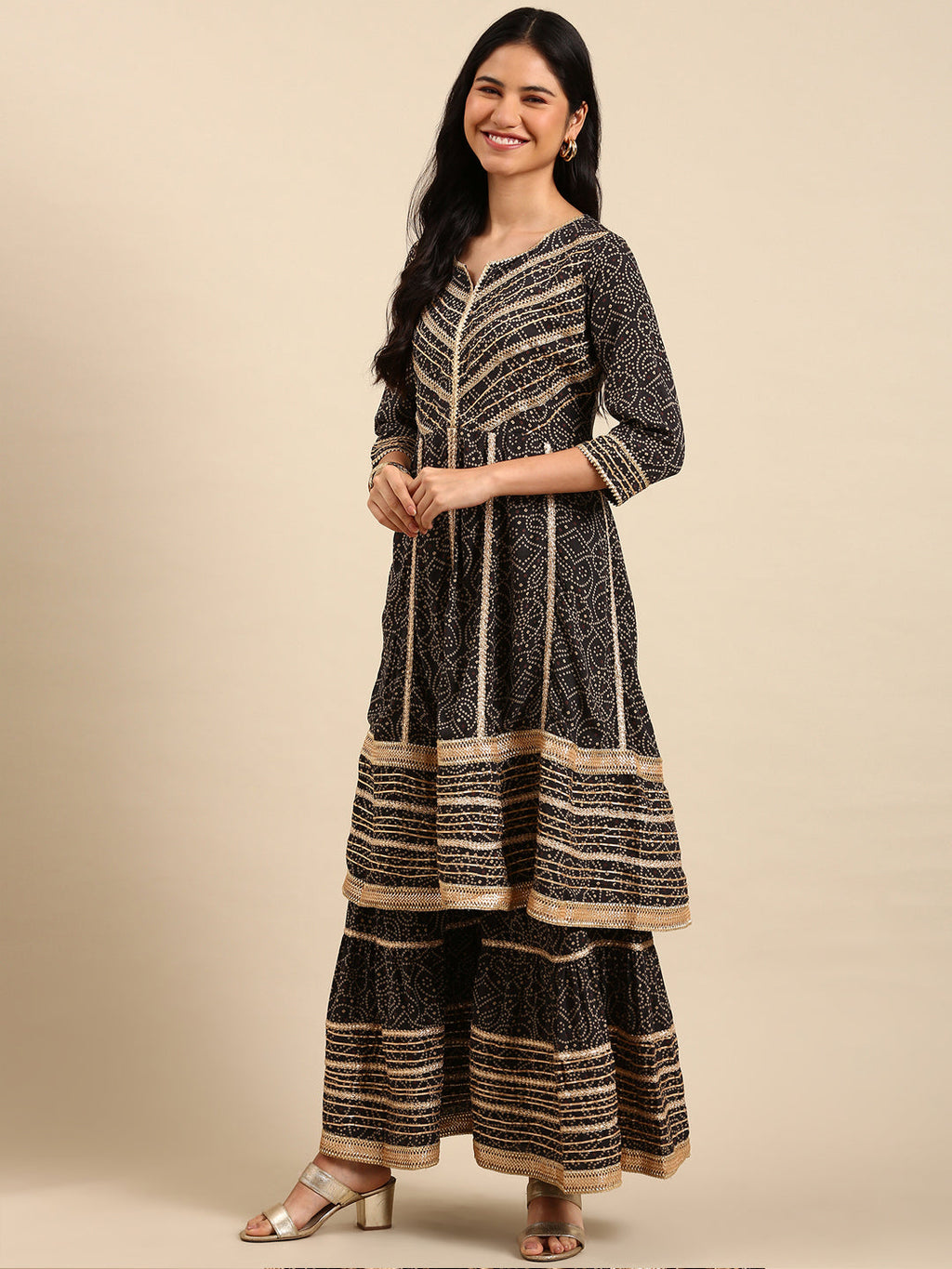 Women's Bandhani Black Anarkali Kurta Set with Dupatta
