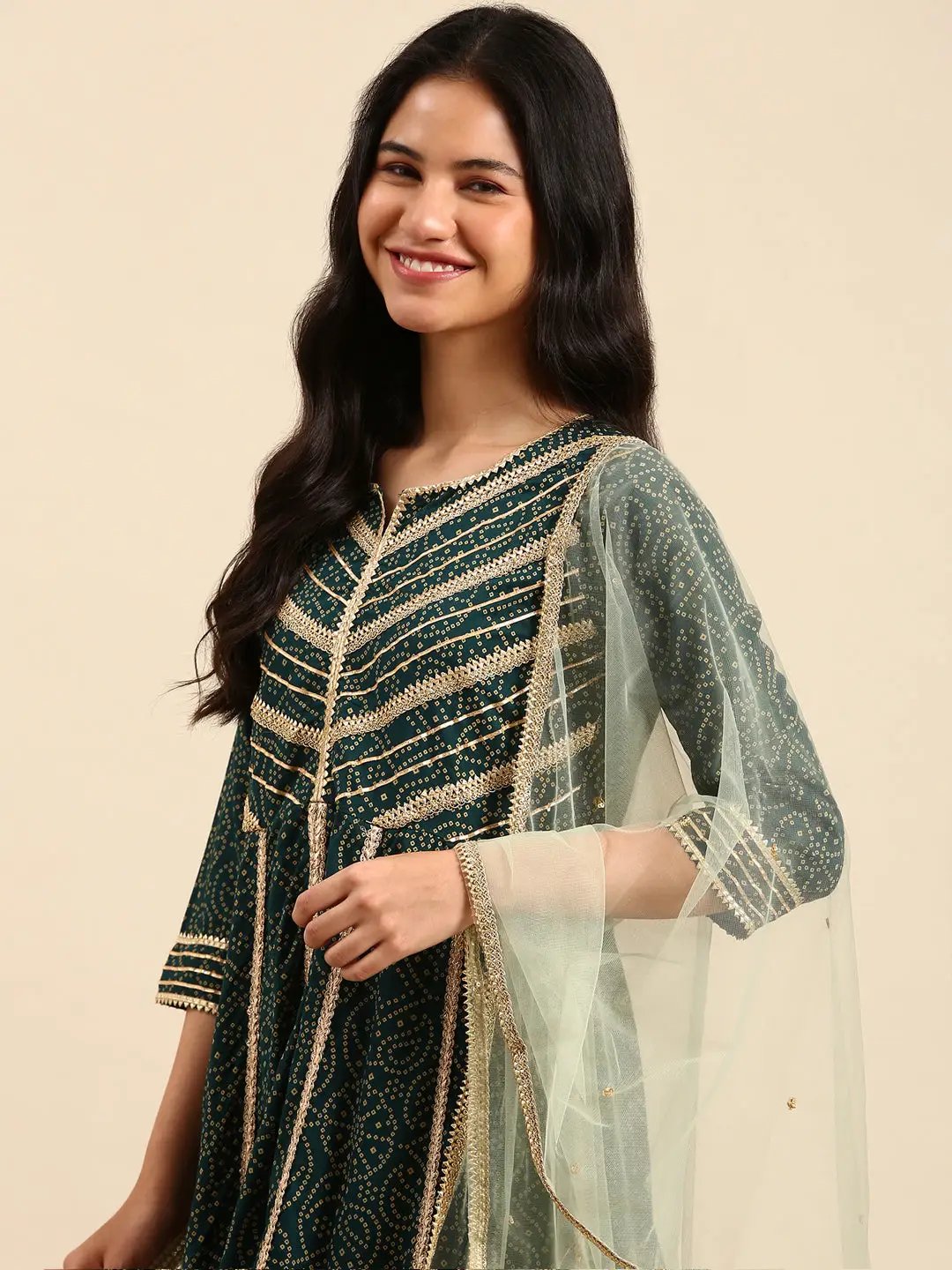 Women's Bandhani Green Ethnic Anarkali Kurta Set with Dupatta