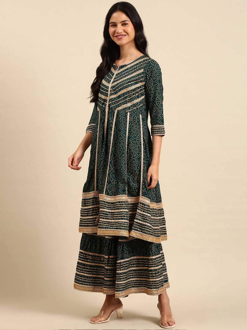 Women's Bandhani Green Ethnic Anarkali Kurta Set with Dupatta