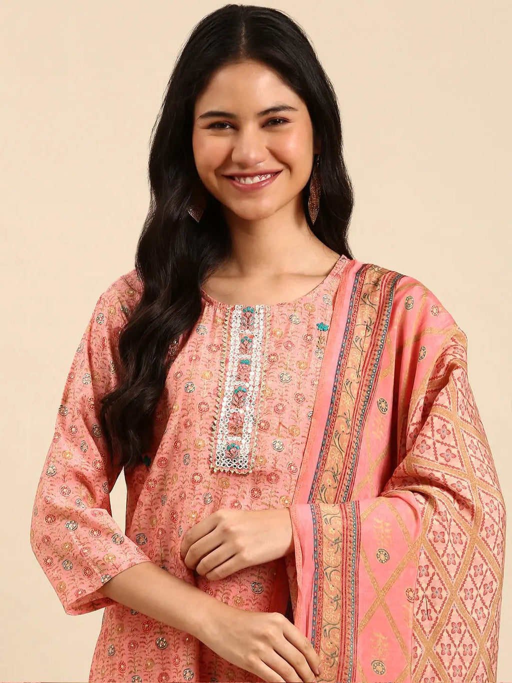 Women's Floral Pink Printed Ethnic Straight Kurta Set with Dupatta