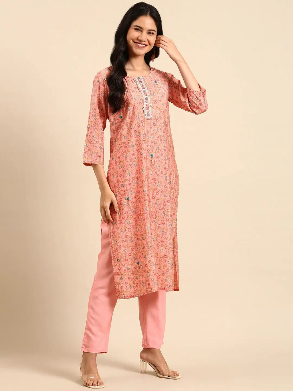 Women's Floral Pink Printed Ethnic Straight Kurta Set with Dupatta