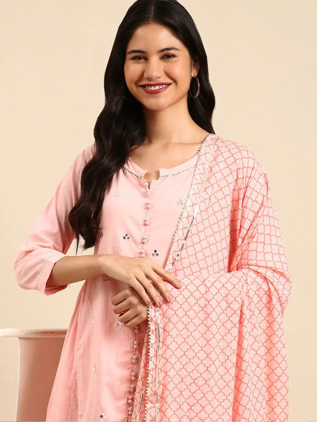 Women's Solid Pink Anarkali Kurta Set with Dupatta