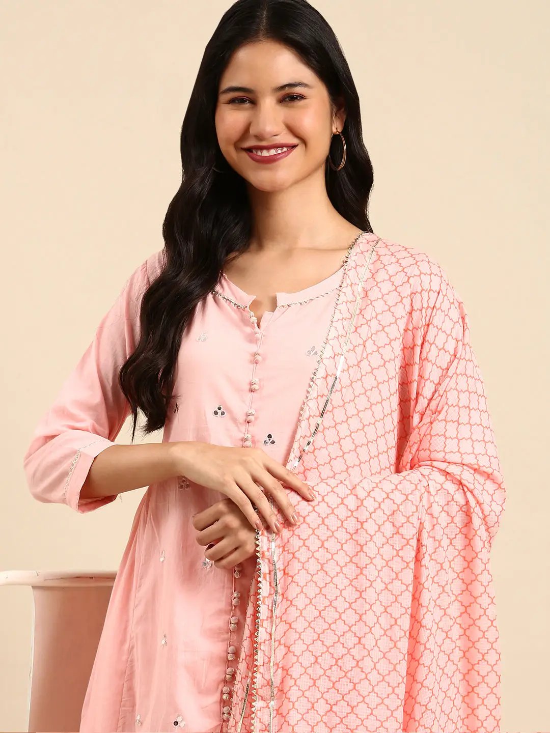 Women's Solid Pink Anarkali Kurta Set with Dupatta