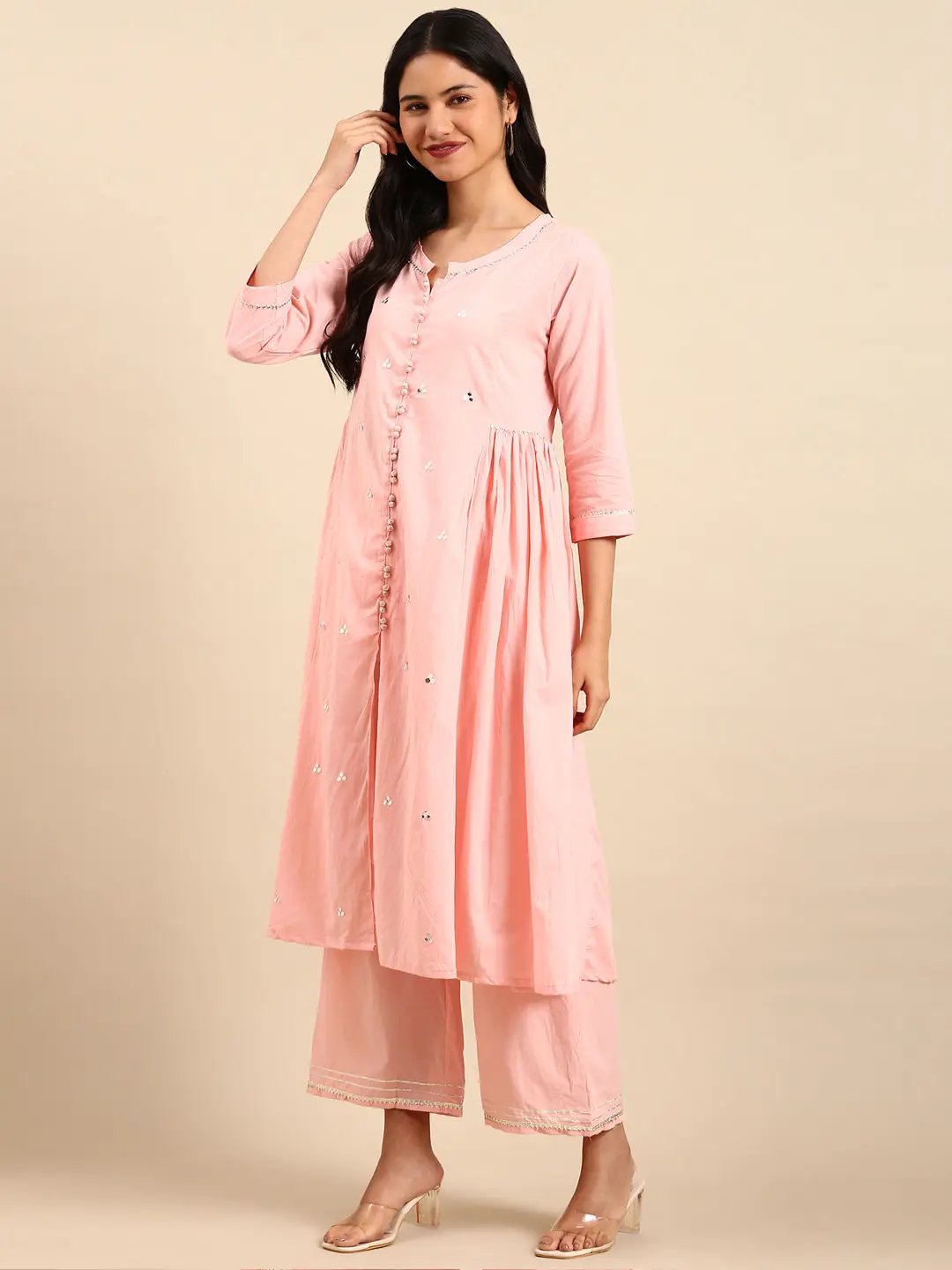 Women's Solid Pink Anarkali Kurta Set with Dupatta