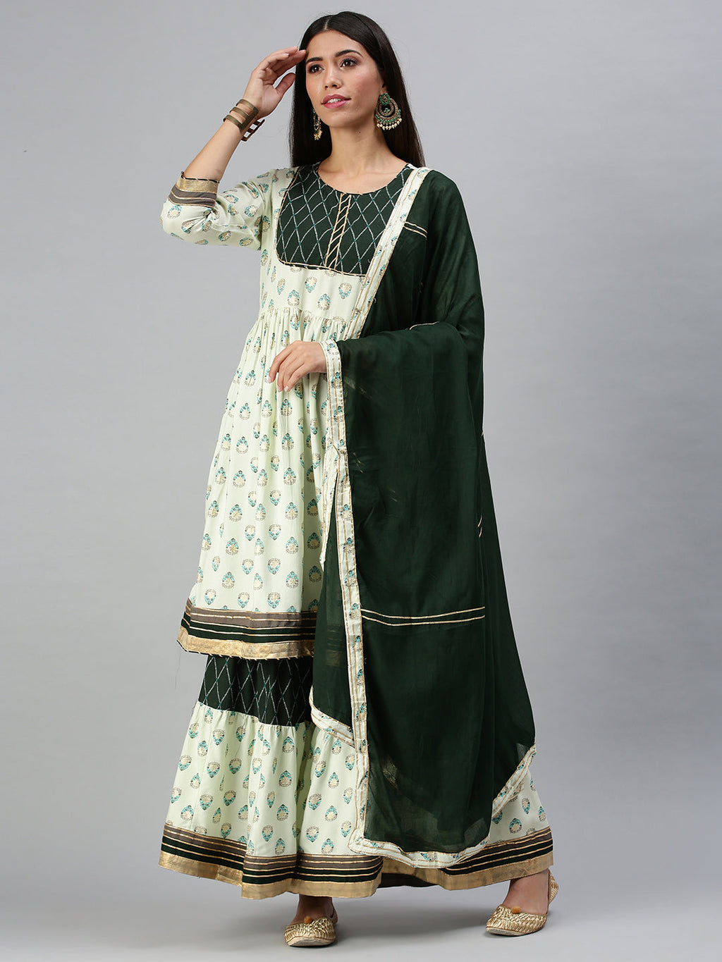 Women's Green Embroidered Pleated Gotta Patti Kurta Sets with Palazzos & Dupatta
