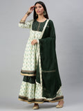 Women's Green Embroidered Pleated Gotta Patti Kurta Sets with Palazzos & Dupatta