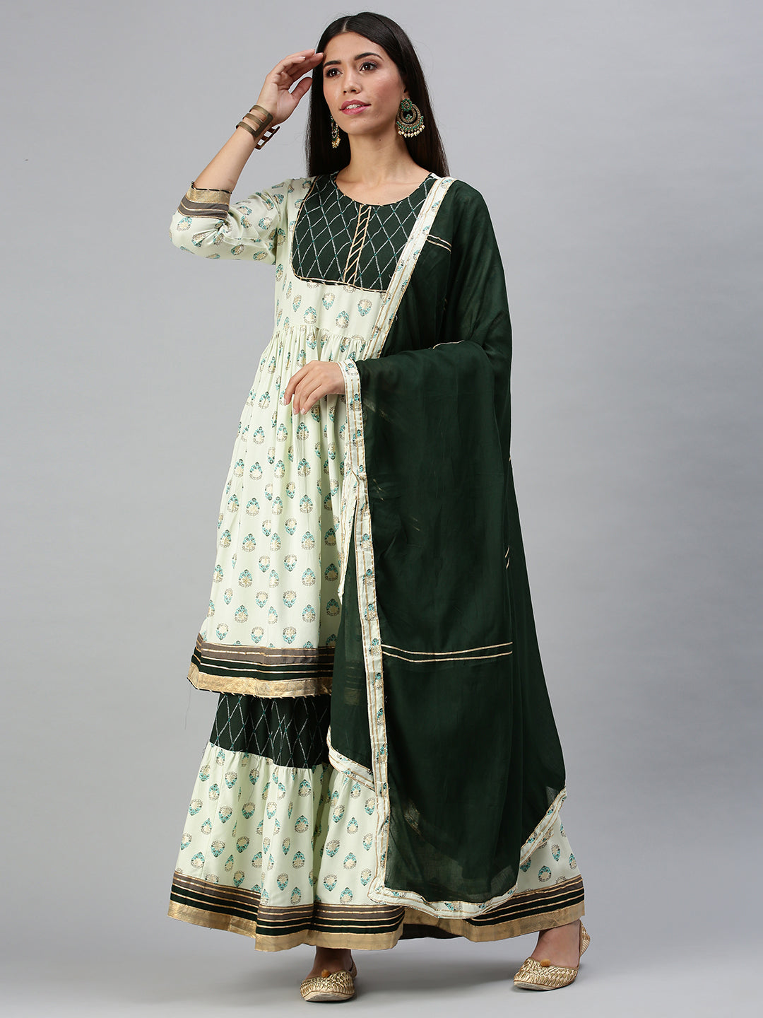 Women's Green Embroidered Pleated Gotta Patti Kurta Sets with Palazzos & Dupatta