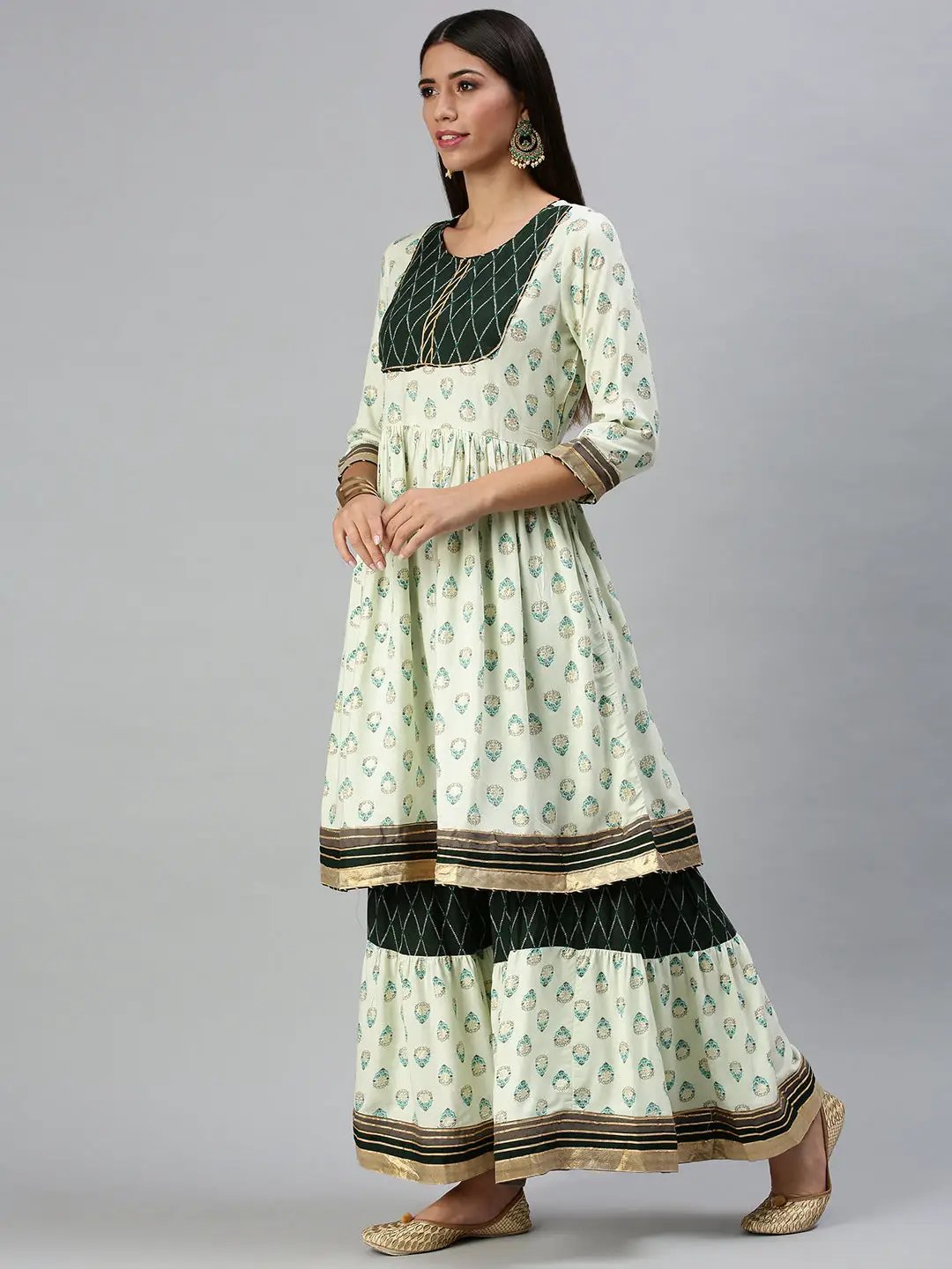 Women's Green Embroidered Pleated Gotta Patti Kurta Sets with Palazzos & Dupatta