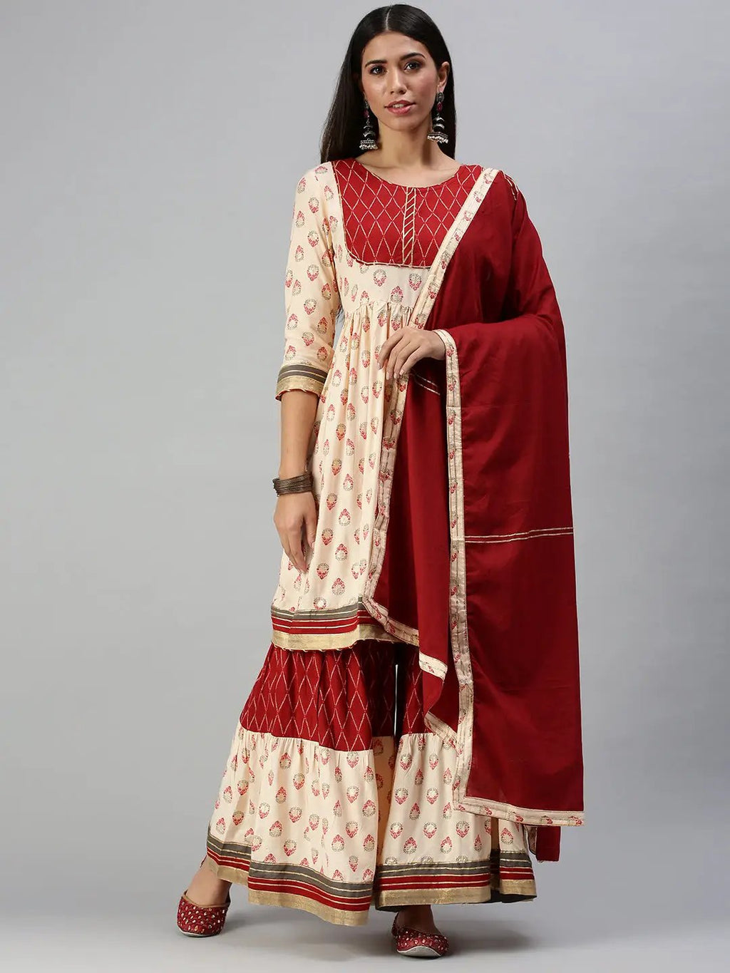 Women's Peach Embroidered Pleated Gotta Patti Kurta Sets with Palazzos & Dupatta