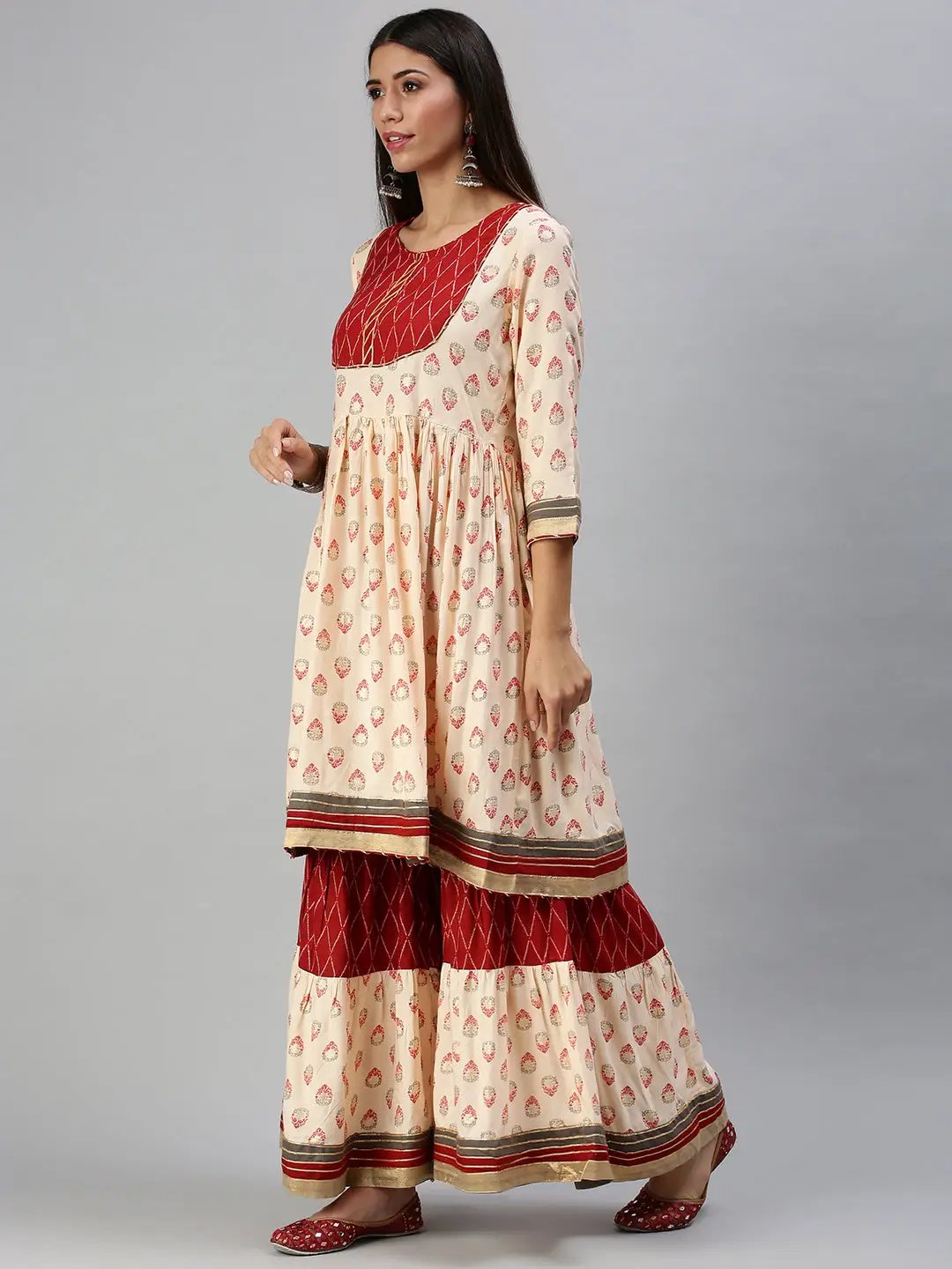 Women's Peach Embroidered Pleated Gotta Patti Kurta Sets with Palazzos & Dupatta