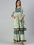 Women's Green Floral Embroidered Empire Gotta Patti Kurta Sets with Sharara