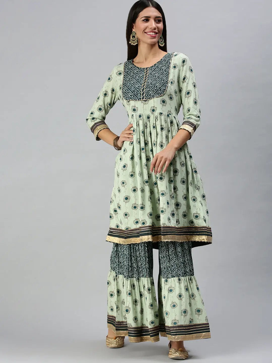 Women's Green Floral Embroidered Empire Gotta Patti Kurta Sets with Sharara