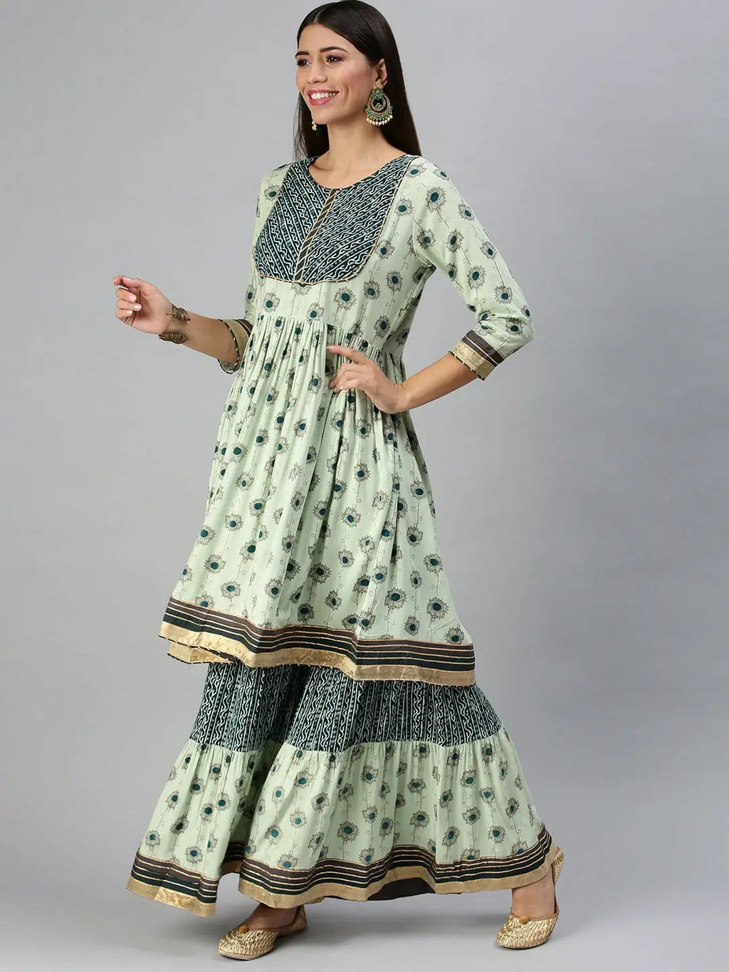Women's Green Floral Embroidered Empire Gotta Patti Kurta Sets with Sharara