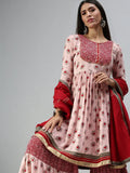 Women's Peach Printed Pleated Gotta Patti Kurta Sets with Palazzos & Dupatta