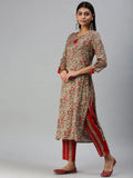 Women's Beige Floral Thread Work Kurta Sets with Dupatta