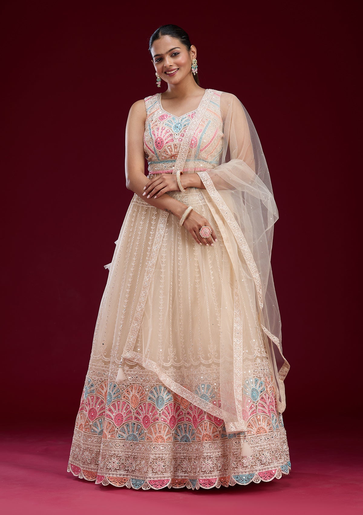 Cream Silver Zariwork Net Readymade Lehenga