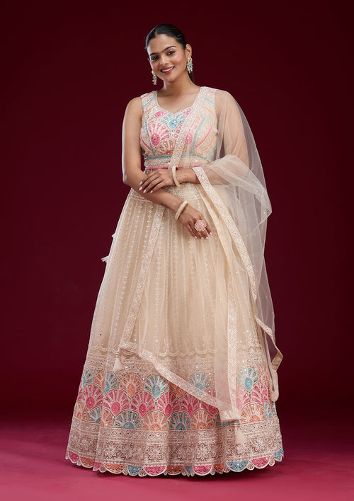Cream Silver Zariwork Net Readymade Lehenga
