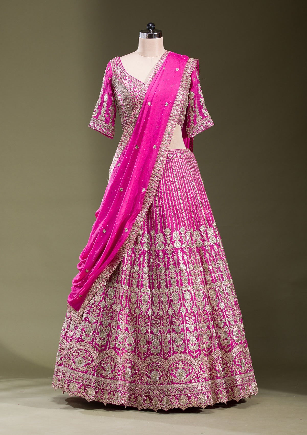 Rani Pink Zariwork Semi Crepe Readymade Lehenga