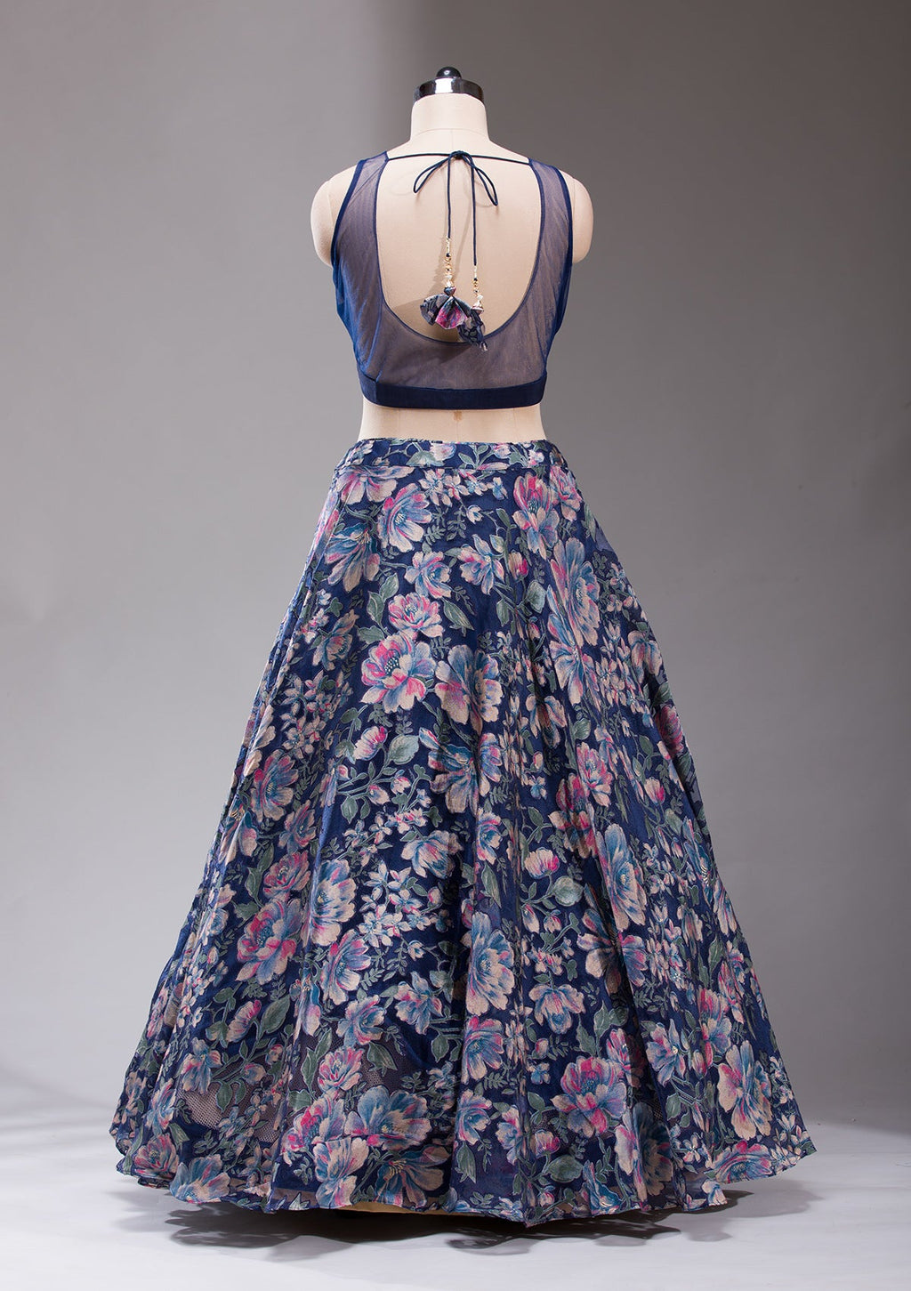 Navy Blue Stonework Tissue Readymade Lehenga