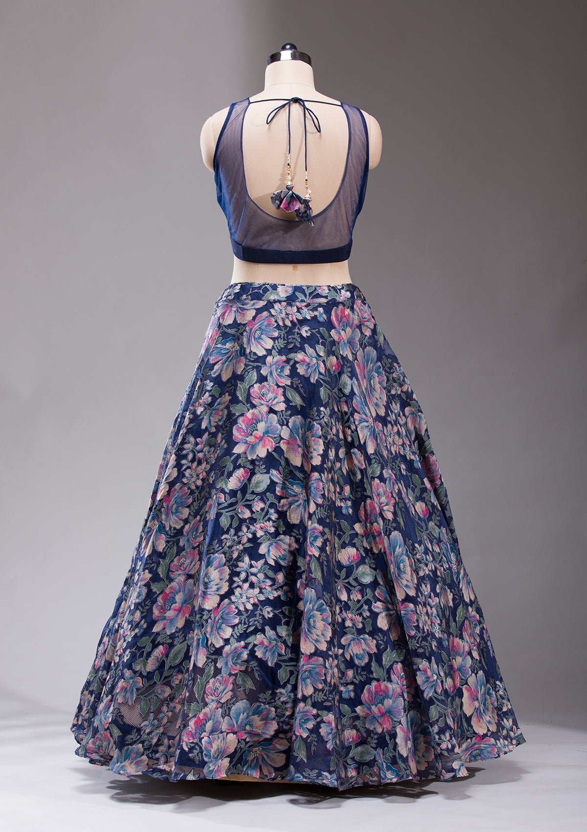 Navy Blue Stonework Tissue Readymade Lehenga