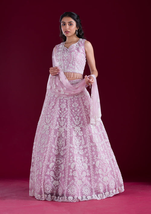 Baby Pink Threadwork Net Readymade Lehenga