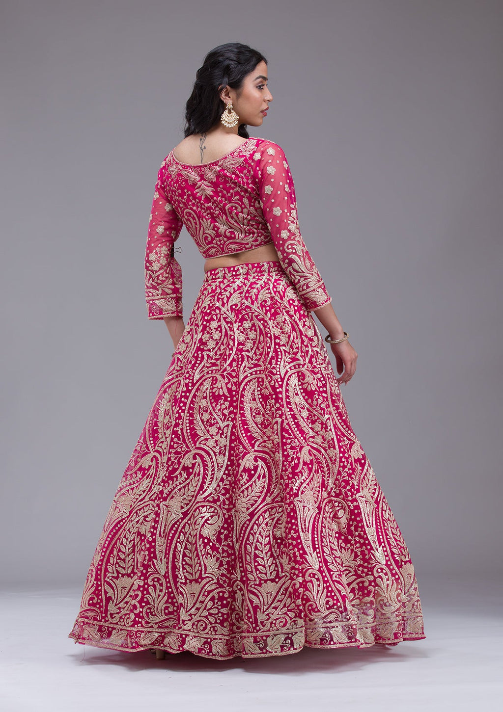 Rani Pink Threadwork Net Readymade Lehenga