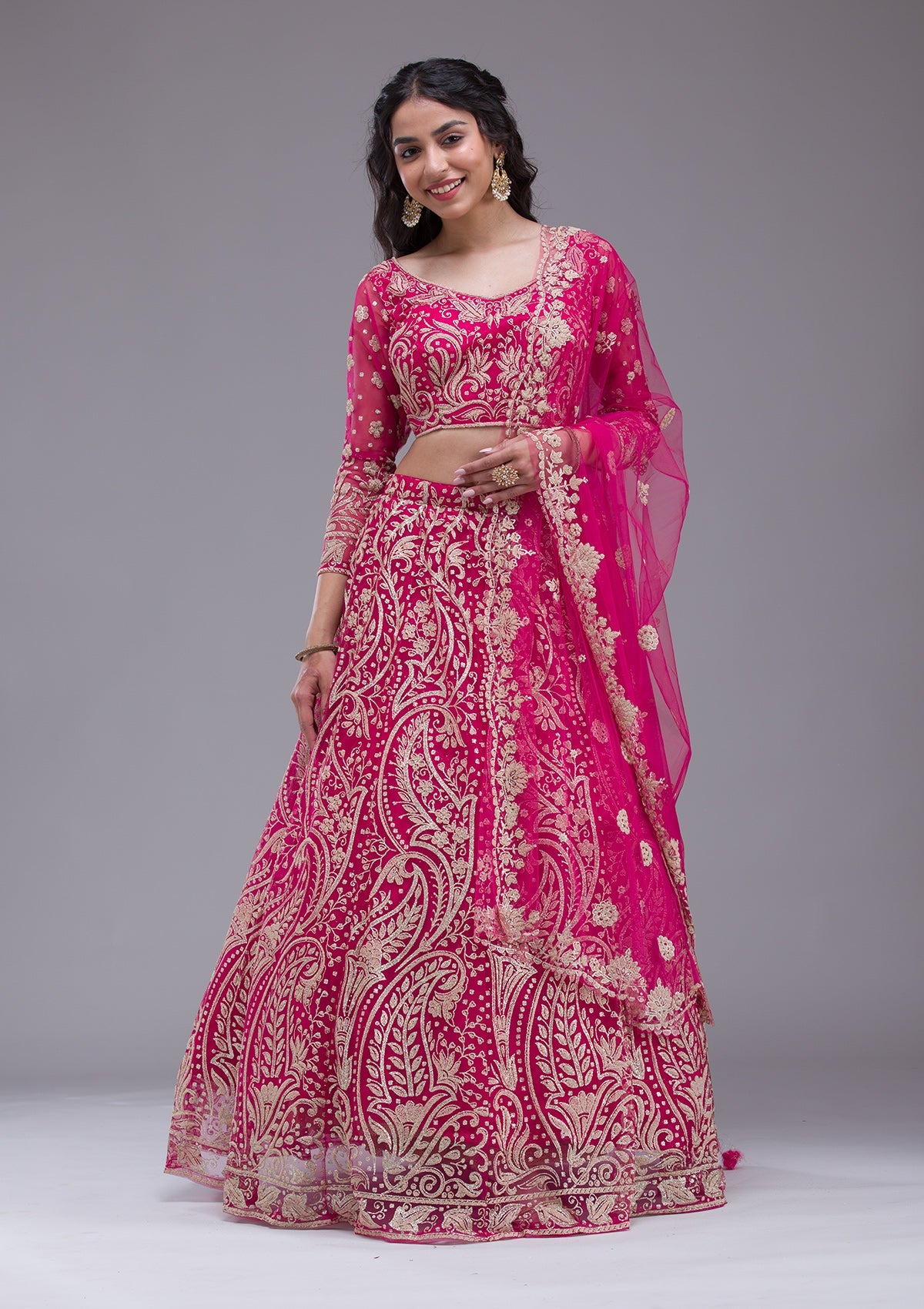 Rani Pink Threadwork Net Readymade Lehenga