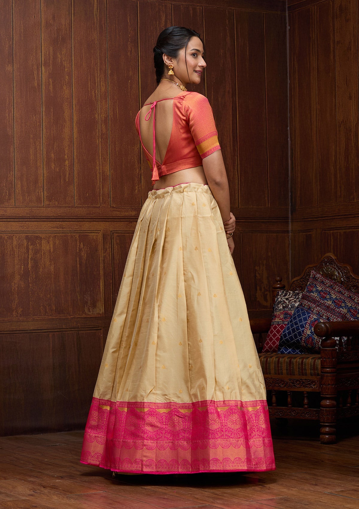 Beige Banarasi Semi-Stitched Lehenga