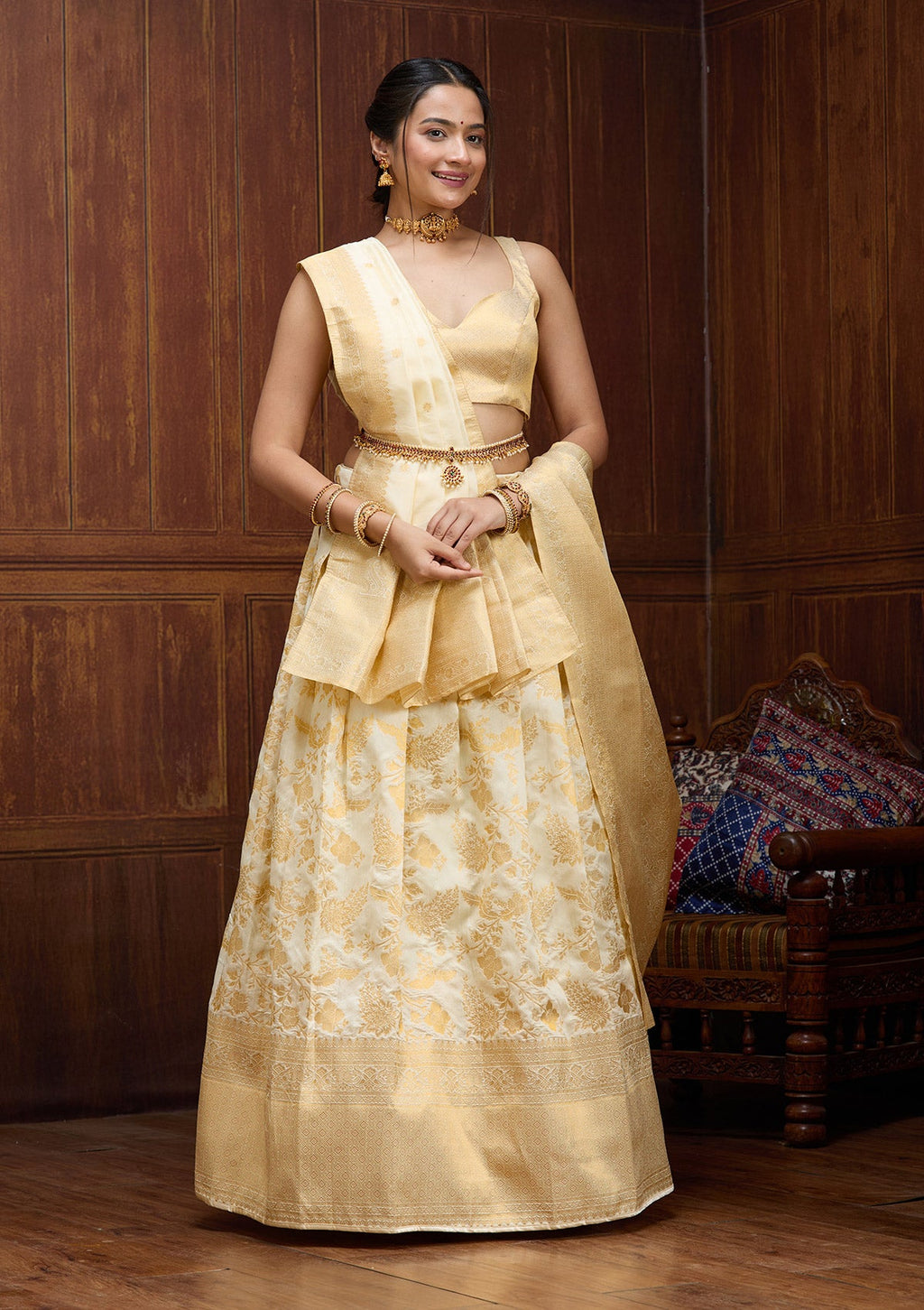 Off White Banarasi Semi-Stiched Lehenga