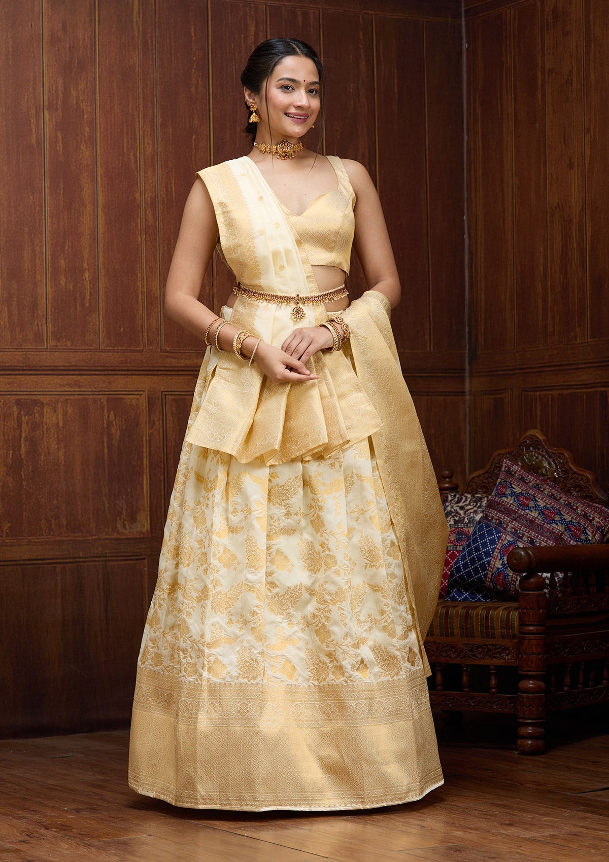 Off White Banarasi Semi-Stiched Lehenga