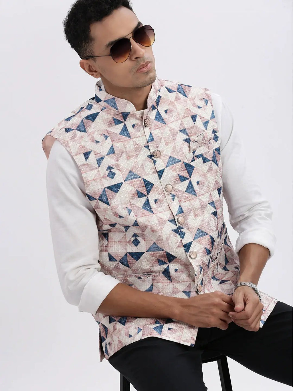 Men's Peach Printed Nehru Jacket