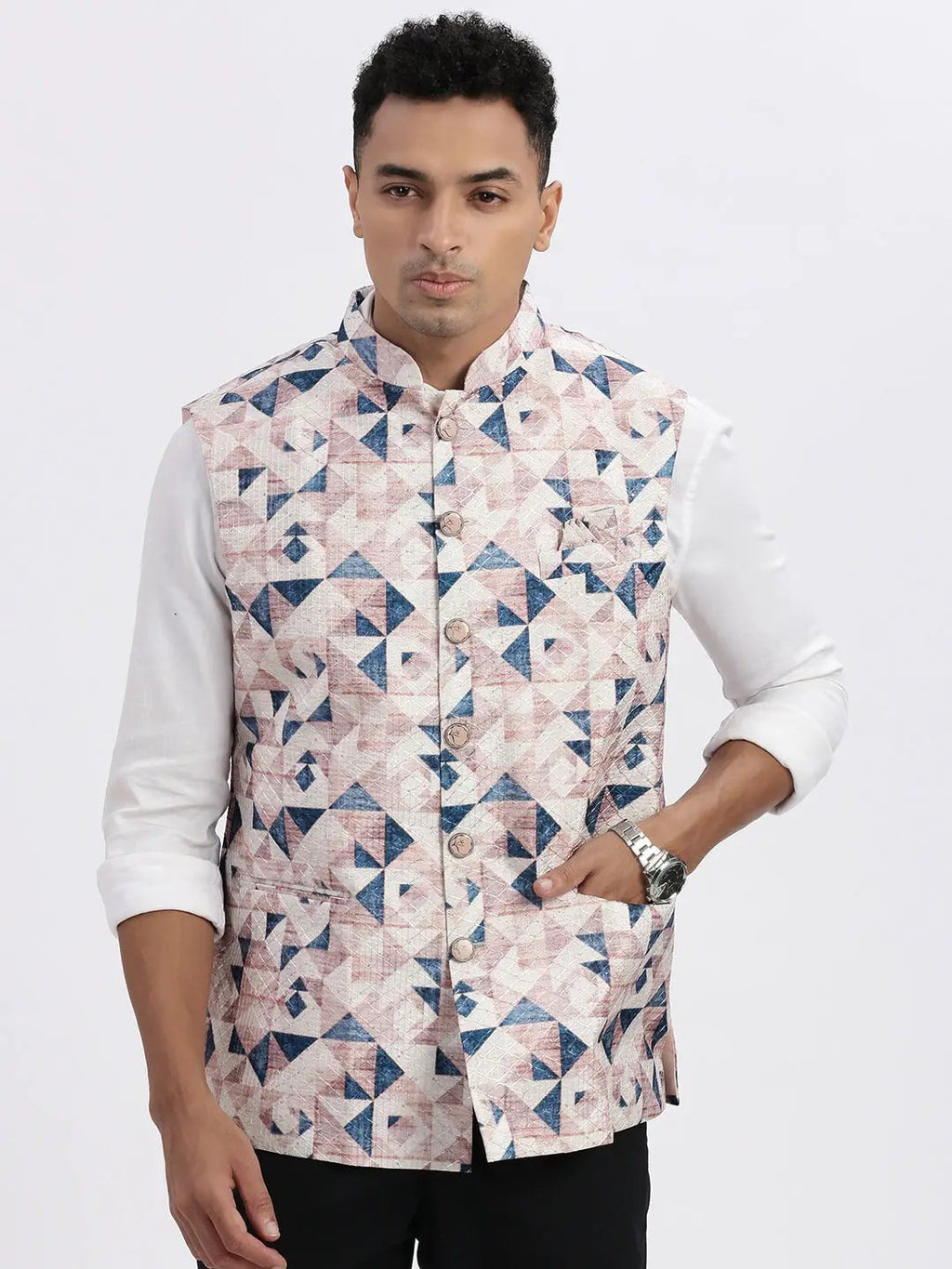 Men's Peach Printed Nehru Jacket