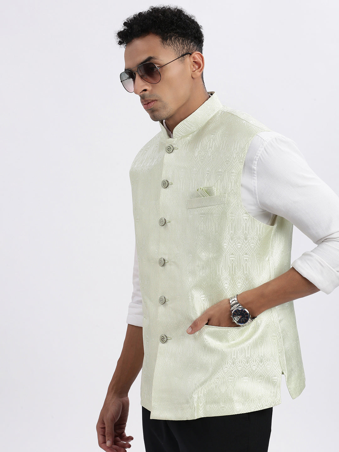 Men's Green Printed Mandarin Collar Nehru Jacket