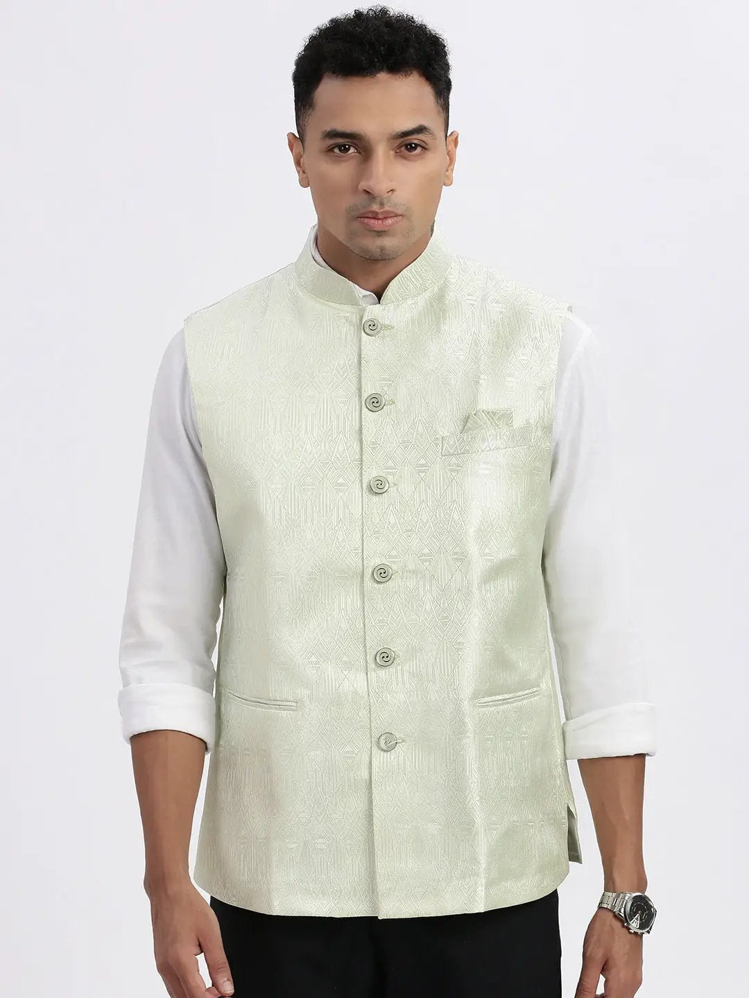Men's Green Printed Mandarin Collar Nehru Jacket