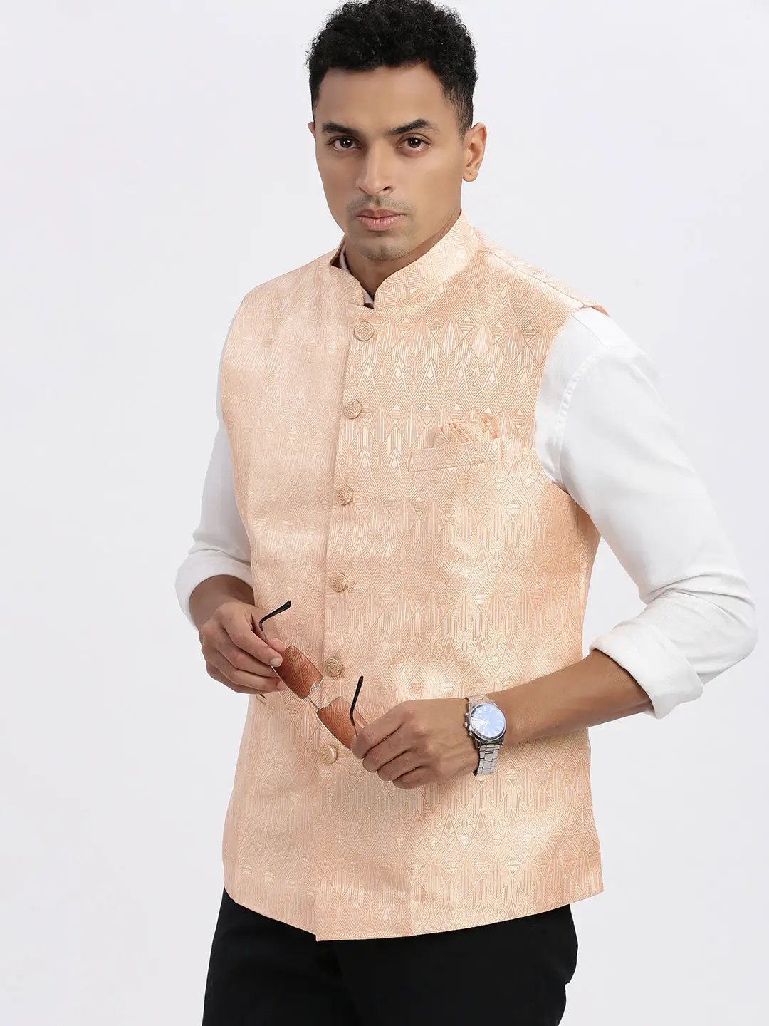 Men's Orange Printed Nehru Jacket