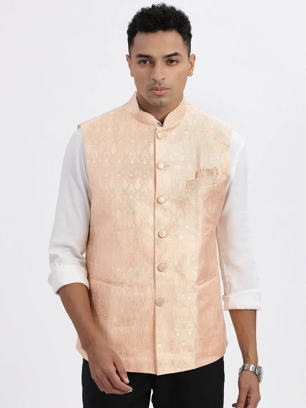 Men's Orange Printed Nehru Jacket